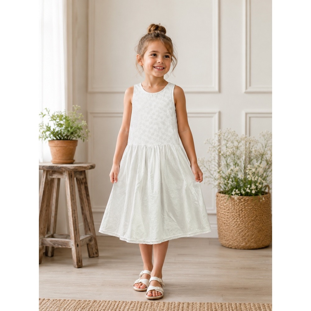 Girls Vintage White Floral Pointelle Full Slip Dress Lace Sleeveless Size 12